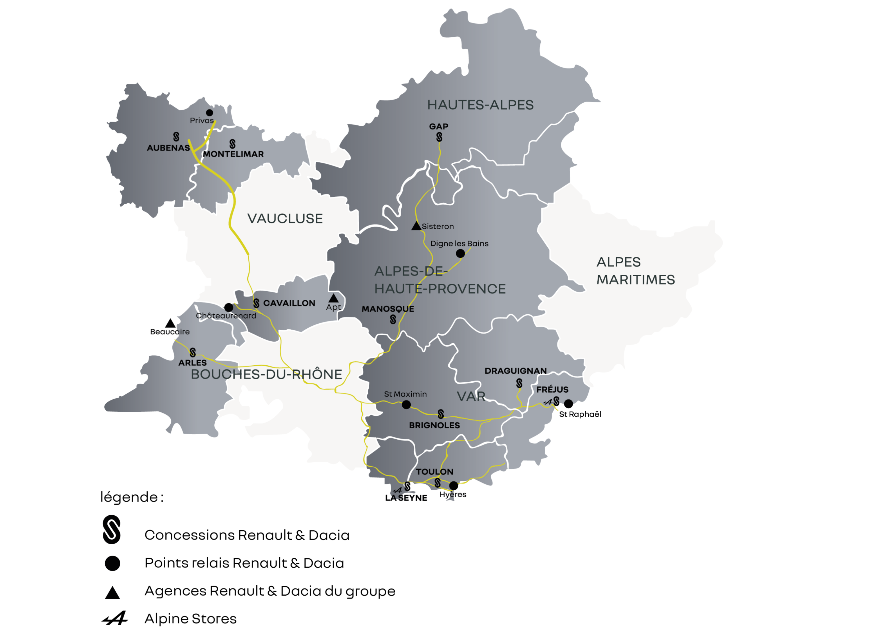 Carte des concessions Synethis en Provence-Alpes-Côte d'Azur et Auvergne-Rhône-Alpes